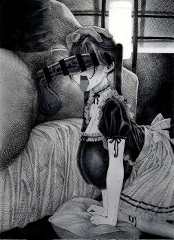 Rule 34 | 1boy, 1girl, all fours, apron, bar censor, blush, breasts, censored, choker, cleavage, dark, dress, frilled choker, frilled dress, frills, greyscale, hand on another's head, hetero, highres, hirune (imomonono), huge breasts, large penis, long hair, maid, monochrome, open mouth, original, penis, penis on face, penis over eyes, pillow, puffy short sleeves, puffy sleeves, short sleeves, sitting, spread legs, straight hair, sweat, teeth, testicles, tongue, twintails, upper teeth only, veins, veiny penis, waist apron