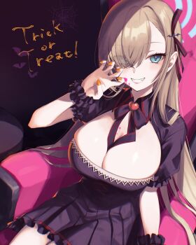 1girl asuna_(blue_archive) blonde_hair blood blue_archive blue_eyes blue_halo blush breasts claw_pose cleavage dress encheru_(th-sto) fang frilled_dress frilled_wrist_cuffs frills grin hair_over_one_eye hair_ribbon halloween halo highres large_breasts long_hair looking_at_viewer pink_blood puffy_short_sleeves puffy_sleeves purple_dress ribbon short_sleeves sitting smile solo thighs very_long_hair wrist_cuffs