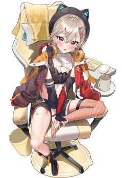 1girl :p animal_hat ankle_boots black_boots black_gloves black_hair black_hat black_shorts boots breasts cat_hat chair cleavage_cutout clothing_cutout commentary_request computer_keyboard computer_mouse crop_top cropped_jacket crossed_bangs double-parted_bangs earrings facial_mark fingerless_gloves fishnet_thighhighs fishnets full_body gaming_chair gloves grey_hair hair_between_eyes hat headphones headphones_around_neck highres jacket jacket_on_shoulders jewelry komori_met komori_met_(5th_costume) long_sleeves looking_at_viewer medium_hair multicolored_jacket official_alternate_costume on_chair orange_jacket panda_0035 planet_earrings puffy_long_sleeves puffy_sleeves purple_eyes quilted_jacket red_jacket short_shorts shorts simple_background single_boot single_glove single_thighhigh sitting small_breasts solo swivel_chair thighhighs tongue tongue_out triangle triangle_facial_mark two-sided_fabric two-sided_jacket virtual_youtuber vspo! white_background