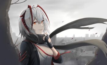 1girl absurdres ahoge arknights battlement black_gloves black_jacket blurry blurry_background chiisa970 city cloud cloudy_sky colored_eyelashes commentary english_commentary fingerless_gloves from_side gloves grenade_pin grey_background grey_hair grey_scarf highres hole_in_wall horns jacket looking_at_viewer medium_hair open_clothes open_jacket orange_eyes parted_lips petals rebar red_eyes red_hair red_horns red_ribbon ribbon scarf shirt sideways_glance signature sky three-quarter_sleeves slit_pupils smile solo strap upper_body w_(arknights) wall white_shirt zipper