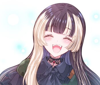 Rule 34 | 1girl, ^ ^, ascot, black ascot, black hair, blonde streaks, blunt bangs, blush, choker, closed eyes, commentary request, frilled shirt collar, frills, highres, hime cut, hololive, hololive dev is, juufuutei raden, juufuutei raden (1st costume), kentotto, lace, lace choker, long hair, multicolored hair, open mouth, portrait, sidelocks, smile, solo, two-tone hair, virtual youtuber