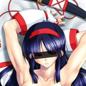 1girl armpits arms_behind_head blue_eyes blue_hair breasts censored censored_identity fingerless_gloves gloves hair_ribbon half-closed_eyes large_breasts long_hair nakoruru nude parted_lips qkat_(arikawa-dou) ribbon samurai_spirits snk solo source_request sweat teeth the_king_of_fighters weapon