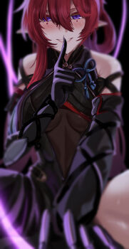 1girl black_background black_dress black_gloves blush breasts cleavage dress finger_to_mouth gloves large_breasts long_hair looking_at_viewer pitespear pointy_ears ponytail purple_eyes red_hair ribbon shushing smile solo string sweat sweatdrop very_long_hair wuthering_waves yinlin_(wuthering_waves)