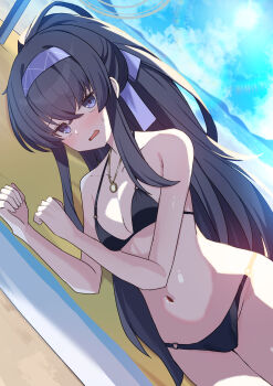 Rule 34 | 1girl, absurdres, bags under eyes, bikini, black bikini, black hair, blue archive, blush, bow, breasts, hairband, halo, highres, jewelry, long hair, looking at viewer, lying, mi taro333, navel, necklace, o-ring, o-ring bikini, official alternate costume, on side, open mouth, ponytail, purple bow, purple hairband, small breasts, solo, swimsuit, ui (blue archive), ui (swimsuit) (blue archive)