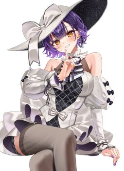 1girl arm_support ascot bare_shoulders black_thighhighs blunt_bangs blush bow breasts coco_(lu28_mi) collar commentary_request corset crossed_legs dress elbow_gloves finger_to_mouth frilled_collar frilled_skirt frills garter_belt gloves gothic_lolita halloween halloween_costume hat hat_bow highres invisible_chair large_bow lolita_fashion long_sleeves looking_at_viewer medium_breasts miniskirt nanase_suzuna nijisanji open_mouth orange_eyes puffy_sleeves purple_hair ribbon short_hair silk simple_background sitting skirt smile solo spider_web thighhighs thighs virtual_youtuber white_ascot white_background white_dress white_gloves white_hat white_ribbon white_skirt witch_hat