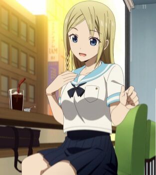 1girl anime_screenshot black_neckerchief blonde_hair blue_eyes blue_sailor_collar blue_skirt braid breast_pocket breasts chair cola collarbone cropped dot_nose female_focus green_chair hayasaka_ai kaguya-sama_wa_kokurasetai_~tensai-tachi_no_renai_zunousen~ legs long_hair medium_breasts miniskirt neckerchief open_mouth pleated_skirt pocket sailor_collar school_uniform serafuku short_sleeves sitting skirt smile smithee_a._haysaca solo solo_focus stirrup_legwear thighs third-party_edit toeless_legwear watching white_serafuku