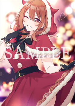 1girl belt belt_buckle black_belt black_bow black_bowtie black_gloves blurry blurry_background blush bokeh bow bowtie breasts brown_eyes brown_hair buckle capelet christmas_lights clothes_grab commentary_request demon_horns depth_of_field dress fake_horns fur-trimmed_capelet fur_trim gloves grin hair_between_eyes hand_up head_tilt heart hood hooded_capelet horns kohinata_iroha_(imouuzai) looking_at_viewer medium_hair official_art red_capelet red_dress sample_watermark santa_costume santa_dress second-party_source sleeveless sleeveless_dress smile solo teeth tomari_(veryberry00) tomodachi_no_imouto_ga_ore_ni_dake_uzai v watermark