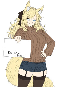 1girl absurdres animal_ear_fluff animal_ears arknights black_shorts blonde_hair blue_eyes bottom_text_(meme) bright_pupils brown_sweater brown_thighhighs closed_mouth commentary cowboy_shot english_commentary english_text fingernails flat_color garter_straps hand_on_own_hip highres holding holding_paper long_hair long_sleeves looking_at_viewer meme paper ribbed_sweater short_shorts shorts simple_background smile solo split_mouth standing sweater swept_bangs tail thighhighs tororinego turtleneck turtleneck_sweater whislash_(arknights) white_background white_pupils yellow_tail