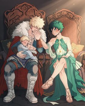 abs armor baby bakugou_katsuki blanket blonde_hair blondesanals blush boku_no_hero_academia cape dress family father_and_child freckles genderswap genderswap_(mtf) green_hair kiss kissing_hand legs marriage medieval messy_hair midoriya_izuku nyxdrawhine parent_and_child pectorals sitting smile spiked_hair throne toga yaoi