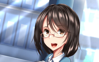 1girl blush brown_eyes brown_hair character_request cityscape copyright_request day glasses highres kawahagitei open_mouth red-framed_eyewear short short_hair tongue