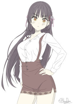 1girl \||/ absurdres black_hair blush braid breasts brown_skirt buttons cafe_stella_to_shinigami_no_chou collared_shirt commentary contrapposto cowboy_shot dress_shirt eyelashes female_focus flower framed_breasts frown groin hair_between_eyes hair_flower hair_ornament hair_ribbon hairclip hand_on_own_hip hands_on_own_hips heart high-waist_skirt highres holydora long_hair long_sleeves looking_at_viewer medium_breasts mole mole_under_eye muted_color parallel_hairclips parted_lips pink_ribbon ribbon rose shiki_natsume shirt side_braid signature simple_background skirt solo standing straight_hair suspender_skirt suspenders tareme v-shaped_eyebrows very_long_hair white_background white_flower white_rose white_shirt yellow_eyes