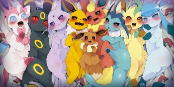 :3 animal_hands blue_sclera colored_sclera dagasi eevee espeon evolutionary_line facial_mark fangs fins fish_tail flareon forehead_jewel forehead_mark furry gen_1_pokemon gen_2_pokemon gen_4_pokemon gen_6_pokemon glaceon head_fins heart heart-shaped_pupils highres jolteon leafeon lying naughty_face nintendo on_back open_mouth poke_ball_print pokemon pokemon_(creature) red_sclera sylveon symbol-shaped_pupils tail take_your_pick umbreon vaporeon wavy_mouth
