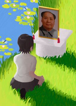 black_hair candle china communism danganronpa:_trigger_happy_havoc danganronpa_(series) danganronpa_3_(anime) dragon_fly highres ikusaba_mukuro lily_pad mao_zedong outdoors pond scenery school_uniform self-upload skirt worship