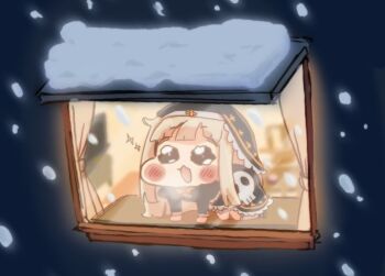 1girl all_fours black_coif black_dress black_eyes blonde_hair blush chibi chibi_only commentary_request curtains dekamoti0912 dress from_outside full_body indoors long_hair meme open_mouth skull snow snowing solo speaki_(trickcal) speakiposting_(meme) tearing_up trickcal window