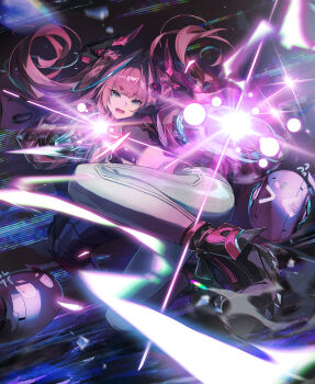 1girl absurdres arknights arknights:_endfield black_horns black_shoes blue_eyes blue_streaks blunt_bangs breasts commentary crop_top dual_wielding english_commentary fang firing floating_hair glass_shards glitch gun hair_intakes highres holding holding_gun holding_weapon horns jacket lens_flare light_trail long_hair long_sleeves looking_ahead medium_breasts multicolored_hair non-humanoid_robot on_one_knee open_mouth pants pink_hair robot shoes skin_fang solo streaked_hair very_long_hair weapon white_pants xude yvonne_(arknights)