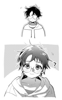Rule 34 | 1girl, ?, border, closed mouth, commentary, dandadan, dot mouth, genderswap, genderswap (mtf), glasses, greyscale, highres, hood, hood down, hoodie, looking at viewer, monochrome, mrmgn le, round eyewear, screentones, short hair, smile, solo, symbol-only commentary, takakura ken (dandadan), upper body, white background, white border, white hoodie