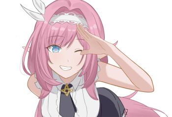 Rule 34 | 1girl, amiuex0204, bent over, black skirt, blue eyes, breasts, elf, elysia (golden courtyard) (honkai impact), elysia (honkai impact), hairband, hashtag-only commentary, honkai (series), honkai impact 3rd, large breasts, long hair, looking at viewer, official alternate costume, one eye closed, pink hair, pointy ears, shirt, simple background, skirt, smile, solo, very long hair, white background, white hairband, white shirt