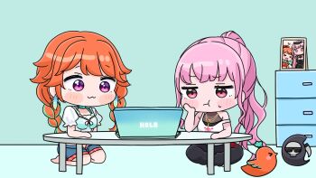 2girls :3 :t black_pants blue_shorts blush_stickers breasts chibi closed_mouth commentary_request computer death-sensei_(mori_calliope) green_hair highres hololive hololive_english indoors kotori_(takanashi_kiara) laptop low_twintails medium_breasts mochimiko mori_calliope mori_calliope_(1st_costume) mori_calliope_(streetwear) multicolored_hair multiple_girls on_floor orange_hair pants photo_(object) pink_hair ponytail pout purple_eyes red_eyes seiza shorts sitting small_sweatdrop strap_slip streaked_hair sunglasses sweat table takanashi_kiara takanashi_kiara_(1st_costume) takanashi_kiara_(casual) tank_top twintails virtual_youtuber white_tank_top