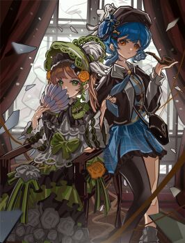 2girls black_bag black_capelet black_hat blonde_hair blue_hair blue_necktie blue_skirt braid braided_hair_rings capelet chair closed_mouth commentary_request covering_own_mouth curtains deerstalker detective dress feet_out_of_frame flower frilled_dress frills glass_shards green_bonnet green_dress green_eyes hair_rings hand_fan hat highres holding holding_fan holding_smoking_pipe huanyin indoors long_hair long_sleeves looking_at_viewer mahou_shoujo_no_majo_saiban miniskirt multiple_girls necktie on_chair rose short_hair sitting skirt smile smoking_pipe standing tachibana_sherry tono_hanna twintails window yellow_eyes yellow_flower yellow_rose