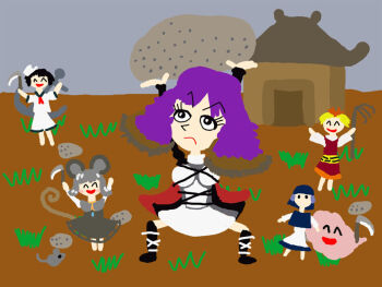 Rule 34 | 1boy, 5girls, ^ ^, animal ears, arms up, black boots, blonde hair, blue hair, blue hood, blush stickers, boots, breasts, cape, caricature, closed eyes, commentary request, dress, hat, hijiri byakuren, holding, holding sickle, kams, kumoi ichirin, large breasts, mouse ears, mouse girl, mouse tail, multiple girls, murasa minamitsu, nazrin, purple hair, red dress, sailor collar, sailor dress, sailor hat, sickle, spread legs, tail, toramaru shou, touhou, unzan, white dress, wide sleeves