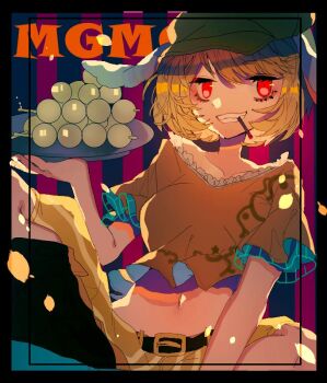 1girl animal_ears belt black_belt black_border blonde_hair border breasts commentary_request dango feet_out_of_frame floppy_ears food green_hat grin hat looking_at_viewer medium_breasts mg_mg midriff navel newsboy_cap one-hour_drawing_challenge orange_shirt purple_background rabbit_ears rabbit_girl red_eyes ringo_(touhou) shinjitsu_no_kuchi shirt short_hair short_sleeves shorts sitting smile solo striped_background touhou vertical-striped_background wagashi yellow_shorts