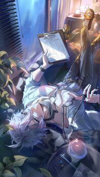 Rule 34 | 1boy, antenna hair, black necktie, black pants, blue eyes, collared shirt, commentary, couch, highres, holding, holding notepad, holding removed eyewear, honkai: star rail, honkai (series), indoors, loose necktie, male focus, mungduck, necktie, notepad, official alternate costume, on couch, pants, parted bangs, partially unbuttoned, pectoral cleavage, pectorals, phainon (anan) (honkai: star rail), phainon (honkai: star rail), shirt, short hair, socks, solo, untranslatable commentary, unworn eyewear, white hair, white shirt, white socks, window