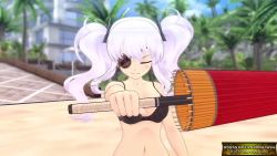 1girl 3d animated beach black_bra black_panties bra breasts cleavage eyepatch game_console looking_at_viewer video navel panties playstation_4 red_eyes senran_kagura senran_kagura_estival_versus sound tagme twintails umbrella underwear white_hair yagyu_(senran_kagura)