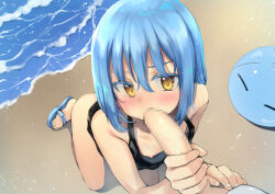 Rule 34 | 1boy, 1girl, 1other, beach, black shirt, blue footwear, blue hair, blush, breasts, censored, embarrassed, eyebrows, eyelashes, fellatio, foot out of frame, from above, hand on another&#039;s stomach, handjob, hetero, kneeling, leaning forward, light blue hair, long hair, looking at another, monster girl, mosaic censoring, nipples, nose blush, oral, outdoors, panbai, petite, sand, sandals, shirt, sleeveless, sleeveless shirt, slime (creature), slime girl, small breasts, toes, water, yellow eyes