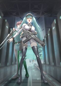 1boy 2girls absurdres aqua_hair assault_rifle black_boots blunt_bangs bodysuit boots breasts brown_eyes brown_hair closed_mouth commentary_request crossover drill_hair eve_(stellar_blade) full_body goddess_of_victory:_nikke green_bodysuit grey_bodysuit gun handgun hat hermin_(nikke) high_heel_boots high_heels highres holding holding_gun holding_sword holding_weapon holster holstered indoors large_breasts long_hair long_sleeves multicolored_bodysuit multiple_girls old old_man open_mouth ponytail powered_wheelchair privaty_(nikke) rifle rilyriri server shadow shift_up sidelocks standing stellar_blade sword thigh_boots thigh_holster twin_drills twintails two-tone_bodysuit unitard very_long_hair weapon weapon_strap wheelchair white_hat white_unitard yellow_eyes