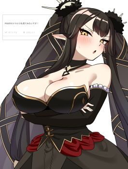 1girl absurdres arms_under_breasts bare_shoulders black_choker black_dress black_hair blush breasts bridal_gauntlets choker cleavage collarbone crossed_arms detached_sleeves double-parted_bangs dress fate/apocrypha fate/grand_order fate_(series) frilled_sleeves frills frown hair_ornament hair_ribbon highres large_breasts long_hair long_sidelocks looking_at_viewer official_alternate_hairstyle okome_(pixiv108949149) open_mouth pointy_ears request_inset ribbon screenshot_background semiramis_(fate) semiramis_(second_ascension)_(fate) sidelocks simple_background solo strapless strapless_dress twintails upper_body very_long_hair very_long_sidelocks white_background yellow_eyes
