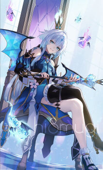 Rule 34 | 1girl, ascot, asymmetrical footwear, bare shoulders, black boots, blue ascot, blue eyes, boots, bright pupils, brooch, cerydra (honkai: star rail), chair, chess piece, crown, detached sleeves, frills, grin, hair intakes, highres, holding, holding scepter, honkai: star rail, honkai (series), jewelry, kirinosuke, knight (chess), long hair, long sleeves, looking at viewer, mini crown, pawn (chess), rook (chess), scepter, sitting, smile, solo, thigh boots, very long hair, white hair, white pupils