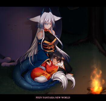 Rule 34 | 1boy, 1girl, animal ears, barefoot, black hair, borrowed character, brother and sister, dragon girl, dragon horns, dragon tail, closed eyes, fire, heterochromia, horns, konshin, long hair, monster girl, night, orie hakua, orie kureha, pixiv fantasia, pixiv fantasia new world, siblings, sleeping, tail, thighhighs, white hair