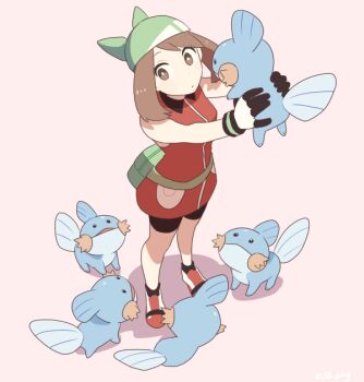 1girl arms_up bandana bike_shorts bright_pupils brown_eyes brown_hair commentary_request dress fanny_pack gen_3_pokemon green_bag green_bandana holding holding_pokemon may_(pokemon) may_(pokemon_emerald) mudkip nintendo orange_dress orange_shoes pokemon pokemon_(creature) pokemon_emerald pokemon_rse shoes sleeveless sleeveless_dress standing white_pupils y_(nekoyanagi)