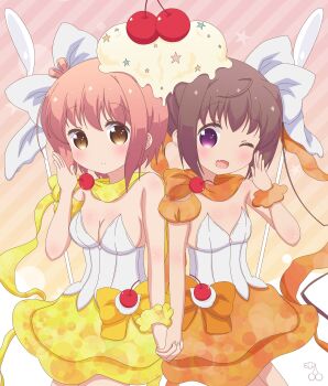 2girls alternate_costume bare_shoulders blush bow breasts brown_hair cherritama_ cherry cleavage closed_mouth dot_nose dress fang feet_out_of_frame female_focus flat_chest food food_on_head fruit hair_between_eyes holding_hands ice_cream ichinose_hana looking_at_viewer medium_breasts medium_hair momochi_tamate multiple_girls object_on_head one_eye_closed open_mouth purple_eyes skin_fang slow_start smile spooning standing star_(symbol) utensil yellow_eyes