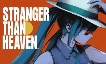 1girl aqua_eyes aqua_hair aqua_necktie collared_shirt commentary english_commentary fedora grey_shirt hand_on_own_hat hat hatsune_miku highres jiyuu_sensei long_hair looking_over_eyewear necktie orange-tinted_eyewear orange_background parody portrait shirt solo stranger_than_heaven sunglasses tinted_eyewear title vocaloid white_hat