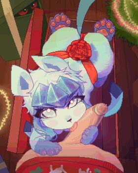 1boy animated animated_gif bestiality blue_fur christmas christmas_tree commentary english_commentary fellatio gen_4_pokemon glaceon handjob highres ko_(unkokat) licking licking_penis looking_at_viewer nintendo oral penis pixel_art pokemon pokemon_(creature) pokephilia pov tongue uncensored veins veiny_penis