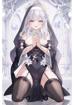 1girl black_dress black_shoes black_thighhighs black_veil blue_eyes border breasts bug butterfly chandelier church coif commentary_request commission covered_navel cross detached_sleeves dress dress_flower falling_petals flower garter_straps gold_halo groin halo heterochromia highres insect inset_border large_breasts long_hair looking_at_viewer mocchiri290 nun open_mouth original own_hands_clasped own_hands_together pelvic_curtain petals purple_butterfly purple_eyes purple_petals reflective_floor shoes skeb_commission smile solo squatting stained_glass thighhighs thighs veil very_long_hair white_border white_hair wide_sleeves