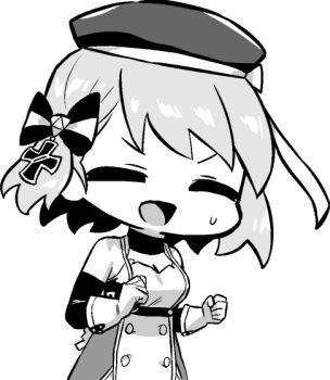 1girl arm_up armband azur_lane azur_lane:_slow_ahead bare_shoulders beret bow breasts cleavage closed_eyes commentary_request cross deformed dress gloves greyscale hair_bow hairband hat hat_ribbon hori_(hori_no_su) iron_cross medium_breasts monochrome no_nose official_art open_mouth ribbon short_hair simple_background sleeveless sleeveless_dress solo striped_bow sweatdrop upper_body v-shaped_eyebrows white_background z23_(azur_lane)