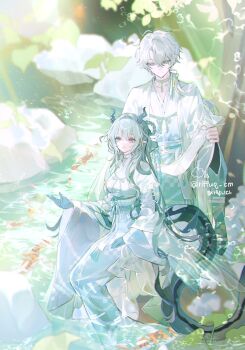 1boy 1girl artist_name blue_eyes blue_hair blue_hands commentary_request dragon_girl dragon_horns dragon_tail eastern_dragon_horns eastern_dragon_tail fish grey_eyes highres horns koi korean_commentary layered_clothes light_rays long_sleeves open_mouth original pointy_ears pond rlffuq_cm robe sash short_hair sunlight tail water white_hair white_robe white_sash wide_sleeves