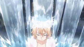 10s 1girl animated animated_gif anime_screenshot ass blonde_hair breasts cleavage closed_eyes female_focus hitting huge_breasts jukebox long_hair nakiri_erina outdoors shaded_face shokugeki_no_souma solo violence water waterfall wet