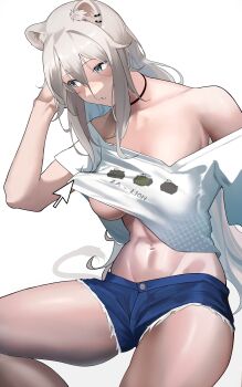 1girl abs absurdres animal_ears black_choker blue_shorts breasts choker clothes_lift cutoffs ear_piercing fourth_wall grey_eyes grey_hair hair_between_eyes highres hololive large_breasts lion_ears lion_girl lion_tail long_hair loose_clothes loose_shirt mouse_cursor navel no_bra off_shoulder official_alternate_costume oversized_clothes oversized_shirt parted_lips piercing shirt shirt_lift shishiro_botan shishiro_botan_(midnight_convenience_store) short_sleeves shorts simple_background single_bare_shoulder solo t-shirt tail thighs underboob usagits_00 very_long_hair virtual_youtuber white_background white_shirt