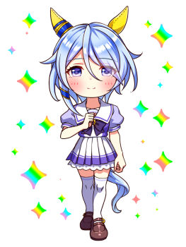 1girl animal_ears blue_eyes blue_hair blush bow bowtie breasts chibi chibi_only closed_mouth collarbone commentary_request ear_covers full_body hair_between_eyes highres horse_ears horse_girl horse_tail k.s.miracle_(umamusume) looking_at_viewer pleated_skirt puffy_short_sleeves puffy_sleeves purple_bow purple_bowtie purple_shirt sailor_collar sailor_shirt school_uniform shirt shoes short_hair short_sleeves skirt smile solo sugimotty_nova tail thighhighs tracen_school_uniform umamusume white_sailor_collar white_skirt white_thighhighs zettai_ryouiki