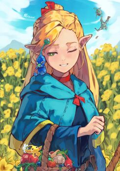 1boy 1girl armor basket blonde_hair blue_pikmin blue_sky braid capelet choker crossover dungeon_meshi elf field flower flower_field food fruit green_eyes hair_ribbon highres laios_touden long_hair long_sleeves marcille_donato nesian. nintendo pikmin_(creature) pikmin_(series) pointy_ears red_choker red_pikmin ribbon robe signature sky swooping_snitchbug wide_sleeves yellow_pikmin