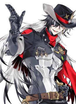 1boy belt belt_buckle black_hair black_jacket boothill_(honkai:_star_rail) brown_belt buckle bullet_earrings collared_jacket commentary cowboy_hat cowboy_shot cropped_jacket earrings finger_to_mouth hair_over_one_eye hat highres honkai:_star_rail honkai_(series) jacket jewelry liexxx9xi long_hair male_focus multicolored_hair one_eye_covered parted_lips sharp_teeth sheriff_badge simple_background sleeve_cuffs smile solo teeth twitter_username unzipped very_long_hair white_background white_hair zipper