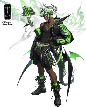1boy abstract_background absurdres ankle_boots arm_at_side artist_logo black_eyes black_jacket black_shorts black_tail black_tank_top black_wings boots boxers buzz_cut can cellphone clothes_writing collarbone cyber_sigilism dark-skinned_male dark_skin demon_horns demon_tail demon_wings ear_piercing energy_drink english_text fake_horns fake_tail fake_wings flip_phone floating floating_object footwear_ornament full_body goggles goggles_on_head green-tinted_eyewear green_hair green_jacket green_shorts green_socks green_wings grey-framed_eyewear hand_on_own_hip highres hood hood_down hooded_jacket horns humanization jacket jacket_partially_removed jewelry kneehighs lace-up_boots laces logo looking_at_object low_wings male_focus male_underwear male_underwear_peek midriff_peek mole mole_on_neck mole_under_eye monster_energy multicolored_jacket multiple_rings multiple_wings muscular muscular_male muzzle_(mask) necklace open_clothes open_jacket original oversized_jacket parted_lips pectorals personification phone piercing print_tank_top profile reference_inset ring rinotuna short_hair shorts silver_horns silver_mask silver_necklace silver_ring socks speech_bubble standing streetwear striped_clothes striped_jacket striped_shorts tail tail_ornament tank_top teeth thick_eyebrows tinted_eyewear triple_vertical_stripe two-sided_fabric two-sided_jacket two-tone_jacket two-tone_shorts underwear vertical-striped_clothes vertical-striped_jacket vertical-striped_shorts very_short_hair wallet_chain white_background wings zipper