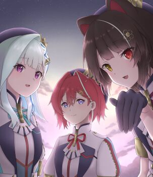 Rule 34 | 3girls, 46 crt, :d, ange katrina, animal ears, aqua ribbon, beret, blue eyes, blue hair, braid, brown hair, closed mouth, cloud, commentary request, contrast lapels, crown hat ornament, dawn, dog ears, dog girl, fangs, flower, gloves, gradient eyes, hair between eyes, hair flower, hair intakes, hair ornament, hat, heterochromia, highres, inui toko, jacket, lapels, lize helesta, long hair, looking at viewer, medium hair, multicolored eyes, multicolored hair, multiple girls, neck ribbon, nijisanji, open mouth, pink sky, purple eyes, purple gloves, purple hat, red eyes, red hair, red ribbon, ribbon, sanbaka (nijisanji), sanbaka anniversary outfit, single hair intake, sky, smile, star (sky), starry sky, streaked hair, triangle hair ornament, two-tone hair, virtual youtuber, white hair, white jacket, yellow eyes