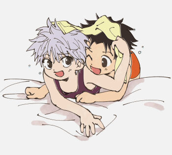 2boys gon_freecss hunter_x_hunter killua_zoldyck male_focus multiple_boys odenkong shirt short_hair shota sleeveless sleeveless_shirt towel towel_on_head