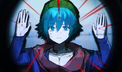 Rule 34 | 1boy, beanie, blue eyes, blue hair, blue jacket, choker, closed mouth, expressionless, gongbbang, green hat, hands up, hat, highres, hiyori sou, jacket, jewelry, key, key necklace, kimi ga shine, laser, laser pointer projection, looking at viewer, necklace, red scarf, scarf, solo, sweat