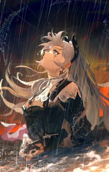 1girl arknights black_jacket blurry capelet closed_mouth cross_scar d3c earrings grey_eyes head_wings highres irene_(arknights) jacket jewelry long_hair long_sleeves looking_up partially_submerged rain rainbow scar scar_across_eye scar_on_face solo water watermark weibo_watermark white_capelet white_hair wings