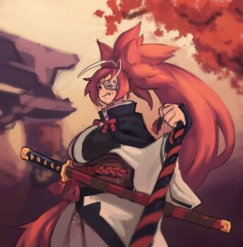 1girl absurdres amputee baiken big_hair commentary english_commentary facial_tattoo guilty_gear highres holding holding_leash leash leash_pull long_hair one-eyed piku184 pink_hair pov samurai scar scar_across_eye scar_on_face solo sword tattoo viewer_on_leash weapon wide_sleeves